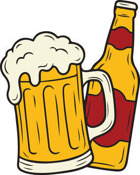 Cartoon vector illustration of a beer mug with frothy foam and a glass bottle beverage refreshment celebration