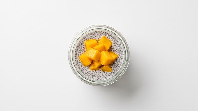 Overhead Shot of Chia Seed Pudding Topped with Diced Mango