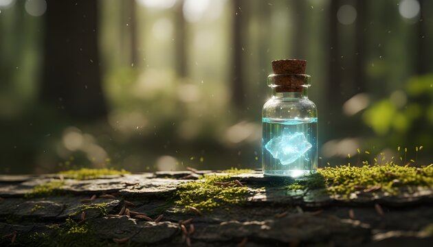 Glowing potion vial on mossy log