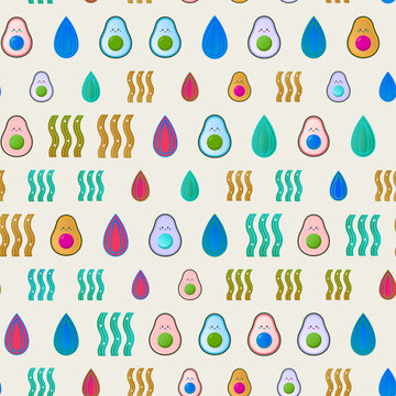 Cute cartoon avocados and water drops pattern