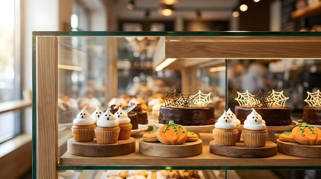 Halloween bakery display case with themed pastries