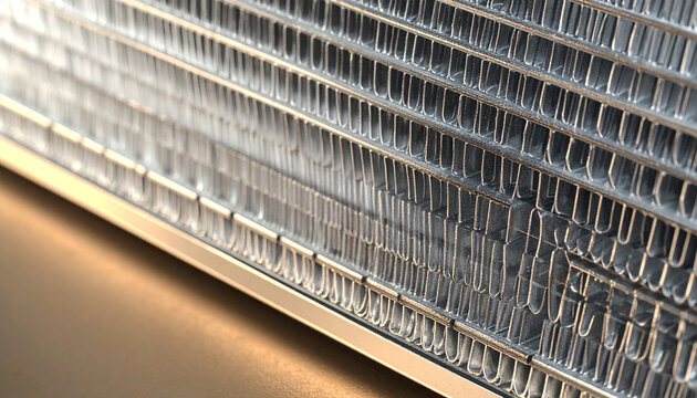 Close-up of Radiator Fins: An extreme close-up view of parallel metal fins forming a radiator, showcasing its intricate texture and industrial design.