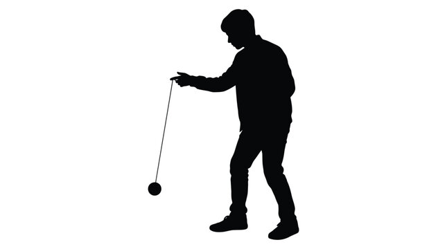 Black vector silhouette of a young man playing with a spinning yo yo toy