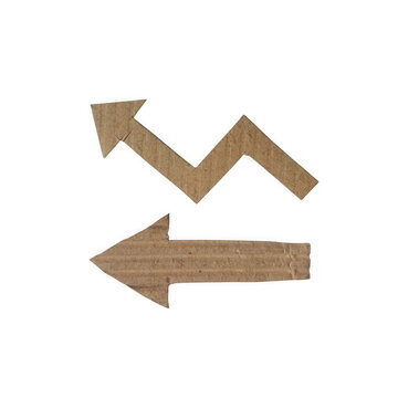 Two brown cardboard arrows showing zigzag up and straight left direction signs made of recycled paper texture isolated on transparent background
