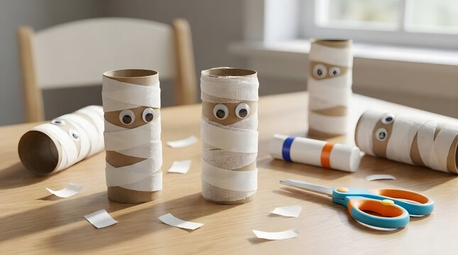 Kids craft table with toilet paper roll mummies and googly eyes