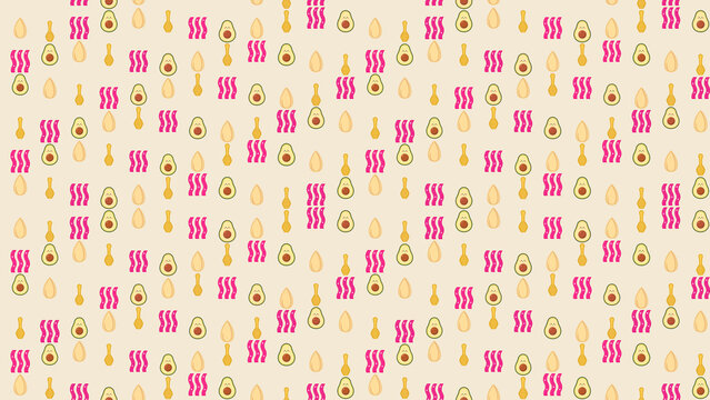 Seamless pattern of food icons: avocado, bacon, almond, honey dipper