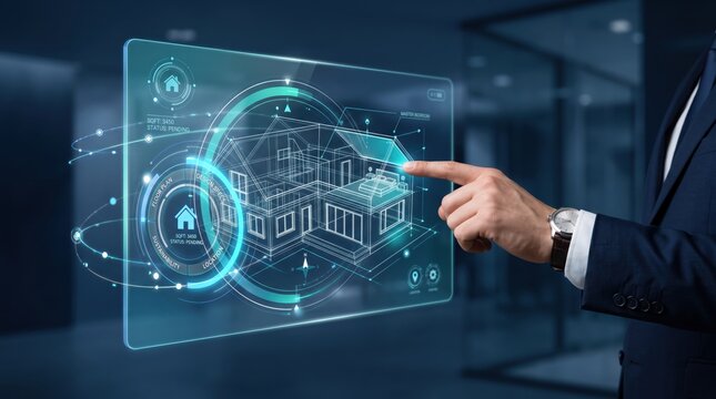 Man touching smart home blueprint on transparent holographic screen, architect designing building plan with digital architectural details and augmented reality interface.
