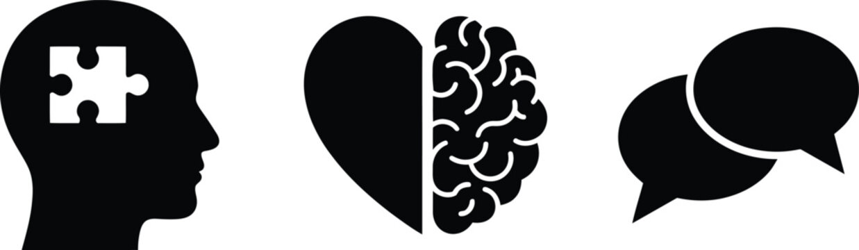 Set of human mental health and communication symbols featuring head puzzle heart brain fusion speech bubbles emotional intelligence personal grow