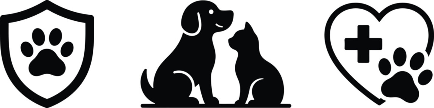 Pet care symbols collection showing animal protection shield dog cat companionship veterinary medical heart domestic