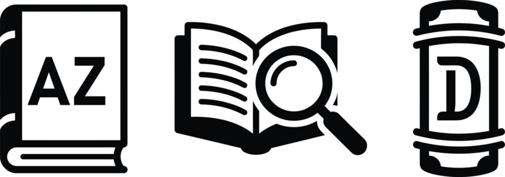 Educational icons representing dictionary search reading and literature research tools with magnifying glass, book find information