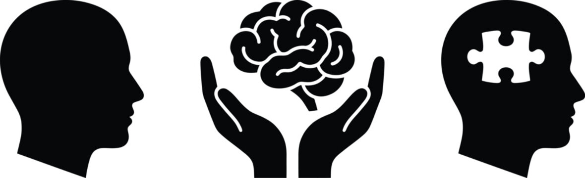 Collection of human head silhouettes representing brain power and mental puzzle solving concepts with abstract icons depicting intelligence