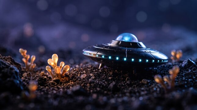 Miniature UFO spacecraft landed on alien planet landscape