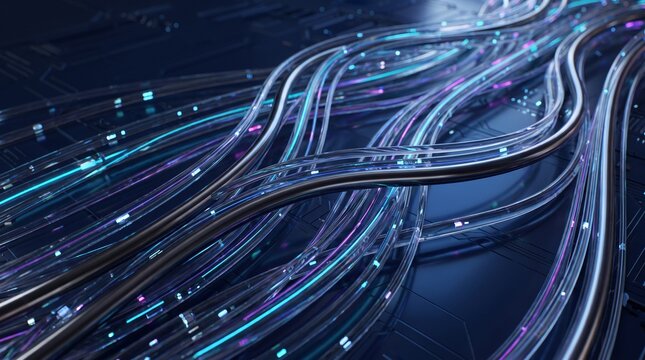 Curved Fiber Optic Cable Highway Transmitting High Speed Digital Data Light Streams Concept