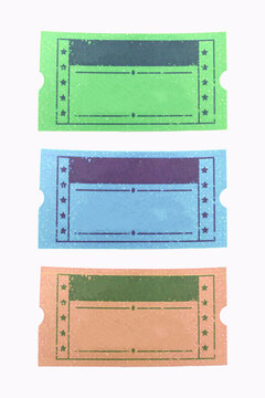 Colorful vintage ticket labels in green, blue and peach for scrapbooking, journaling and crafts.