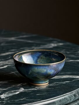 Reactive glaze ceramic bowl shows complex color variation of blues, greens, and purples on dark marble. Single side light reveals glaze depth.