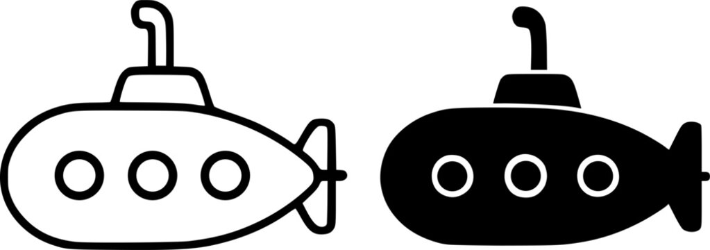Vector illustration of a simple submarine icon in outline and silhouette styles, for app UI/UX design