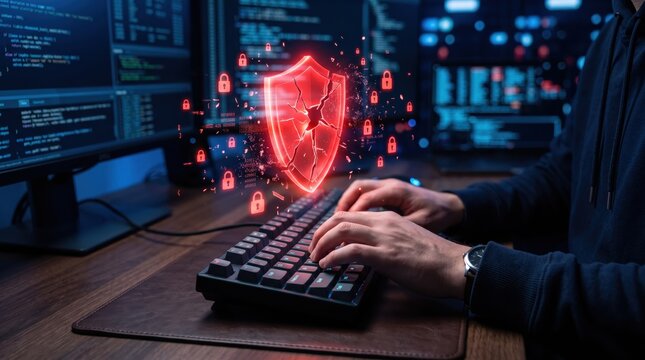 Cybersecurity expert working at a computer terminal with a holographic red broken shield icon representing a system breach or security vulnerability during a cyber attack