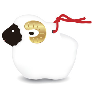 白い背景に浮かぶ金色の角を持った伝統的な羊の土鈴イラスト