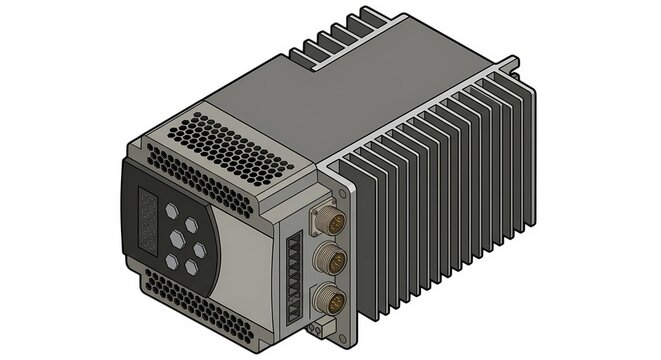 Industrial variable frequency drive VFD AC motor speed controller inverter with cooling heatsink. Factory automation power electronics vector illustration