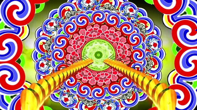 Golden pipa instruments in symmetrical mandala animation with swirling red-blue patterns and floral motifs