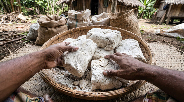 Hands Working with Rustic Cassava Dough in a Woven Basket