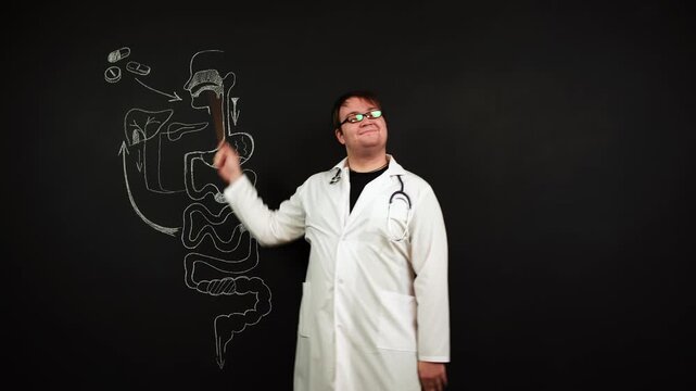 Gastroenterologist explains example digestive tract which pills help with pain in right side of body. Doctor explains about treatment of pain in the liver and gallbladder. Nutritionist and tablet work