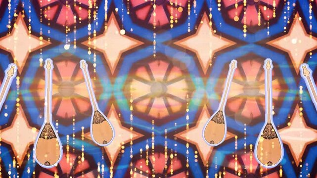 Traditional Central Asian dutar string instruments floating against ornate kaleidoscopic pattern with golden light trails
