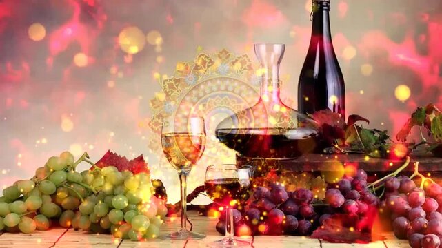 Wine bottle, decanter, and fresh green and purple grapes on wooden table with ornate mandala overlay and bokeh light effects