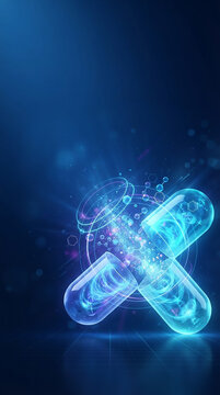 디지털 캡슐 알약과 분자 구조 &middot; Glowing Capsule Pills with Molecular Structure Hologram