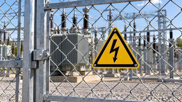 High voltage warning sign on metal chain link fence at electrical power substation with transformers background