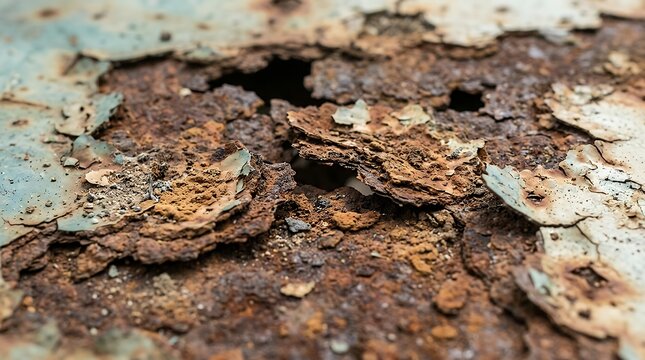 shota severely corroded iron plate featuring flaking paint flakes and structural decay damage close up heavily rusted metal surface holes peeling paint detailed view corroded showing significant