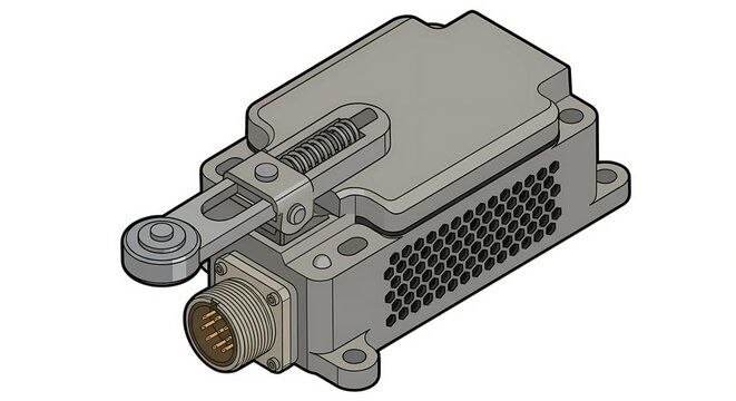 Industrial heavy duty limit switch with roller lever arm and metallic die-cast enclosure. Mechanical position detection switch vector illustration