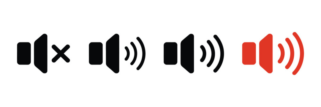 Black Sound Icon Set With Different Volume Levels Featuring Speaker Symbols For Audio Controls, Music Players, Multimedia Apps And User Interfaces.