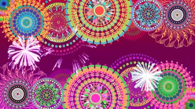 Colorful animated mandala patterns with fireworks bursts on deep magenta background