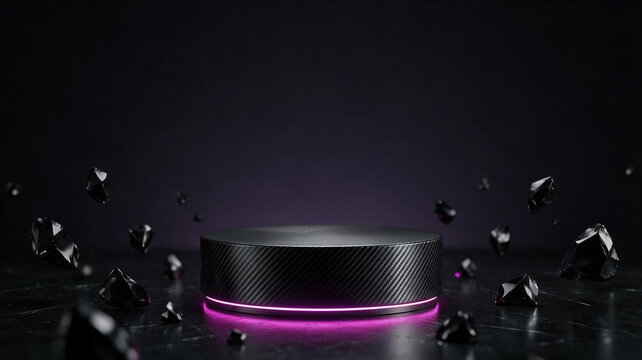 Premium dark carbon podium with obsidian glass shards and subtle neon lights for Black Friday or Cyber Monday product presentation