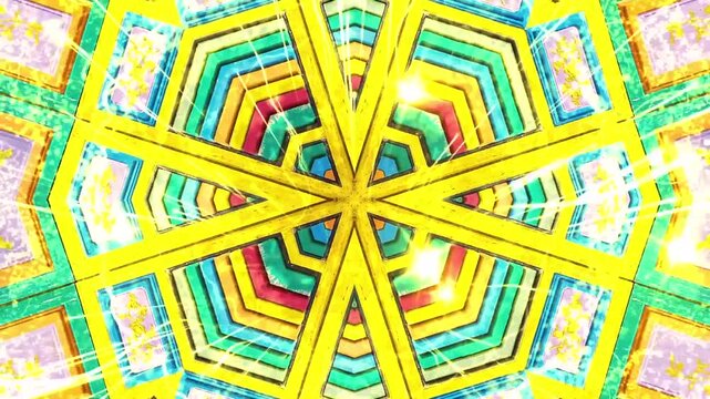 Vibrant kaleidoscopic geometric pattern with radiant light bursts and symmetrical multicolor tiles