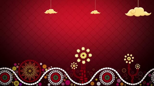 Animated Chinese-style decorative background with golden clouds, floral motifs, and mosaic wave patterns on red diamond grid