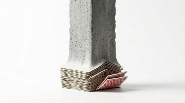 Business risk and weak foundation concept: heavy solid concrete pillar morphing into fragile bending paper cards, isolated on white background