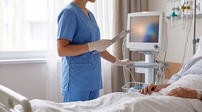 Healthcare professional reviewing patient information beside a hospital bed with medical monitor during inpatient care