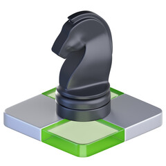 3D Dark Chess Knight Piece Icon on Green Tiled Strategy Platform  © Rolas