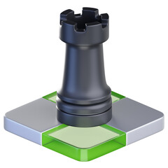 3D Dark Chess Rook Castle Piece Icon on Green Strategy Tile Base  © Rolas