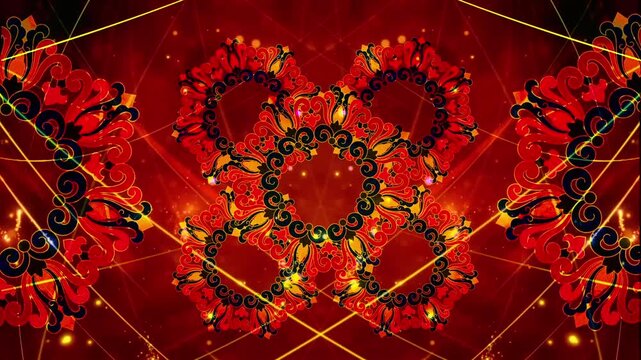 Ornate red and black floral mandala pattern with glowing golden laser lines and particle effects on deep red background