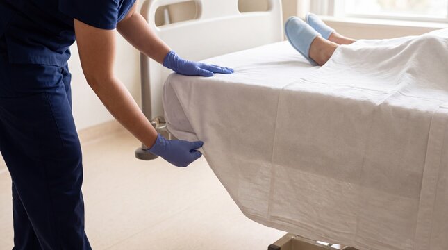 Healthcare worker changing hospital bed linens while preparing a patient bed in a clinical care facility
