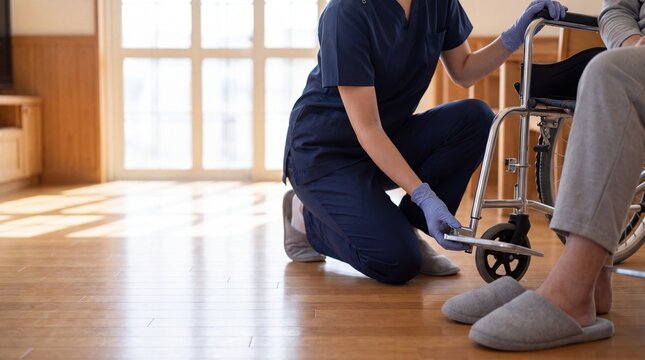 Healthcare worker adjusting a wheelchair footrest for an elderly patient during mobility assistance and rehabilitation care