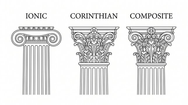 Detailed black and white architectural line drawings displaying classic classical Greek and Roman column orders including ionic corinthian and composite capitals for educational design references
