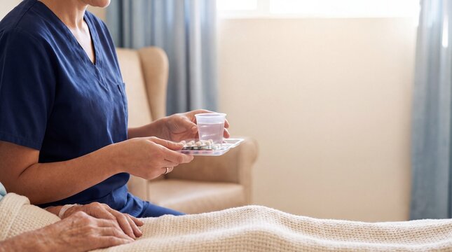 Nurse providing medication and a glass of water to an elderly patient during bedside healthcare and recovery care