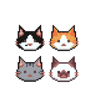 Cute pixel art cat faces icon pack set of four adorable kitten avatars