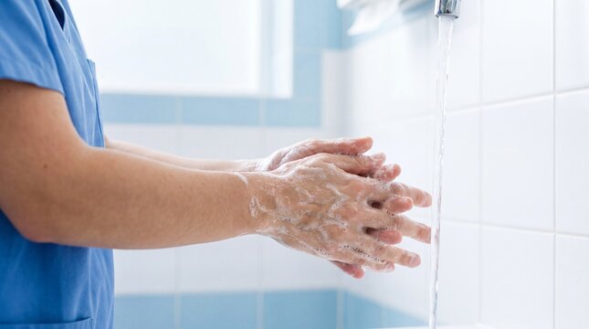 Healthcare worker washing hands with soap under running water in a clinical setting following hygiene and infection control protocols