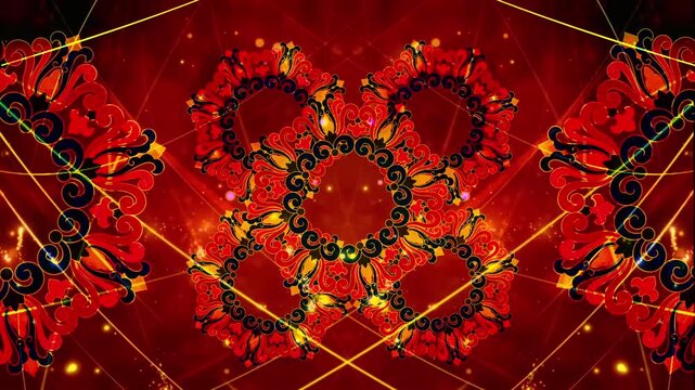 Ornate red and black floral mandala pattern with glowing golden laser grid on deep red background, animated symmetry loop