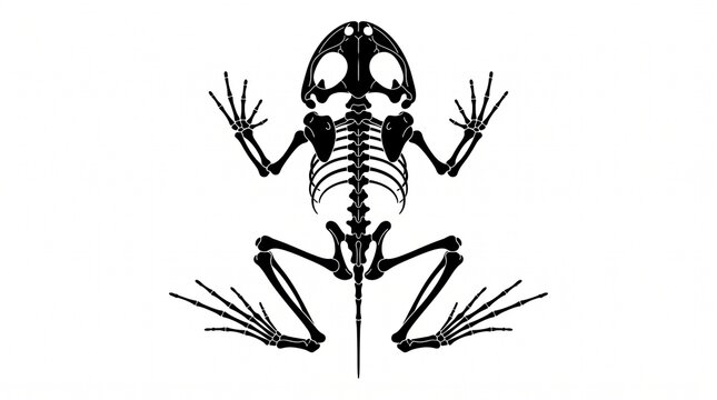 Detailed black and white vector illustration of a frog skeletal system showing anatomical structure against a clean isolated minimalist background for scientific educational purposes